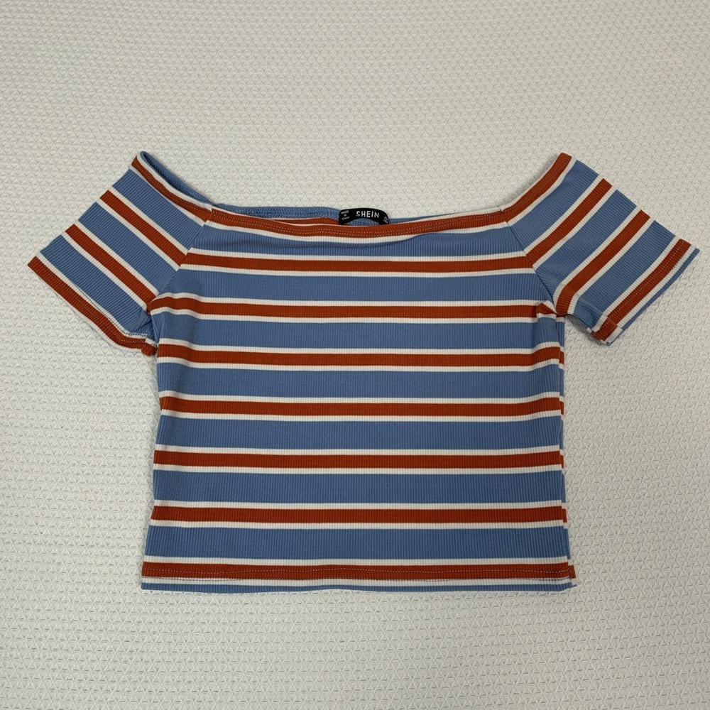 SHEIN Striped Rib Knit Bardot Off Shoulder Crop Top Medium Blue Orange
